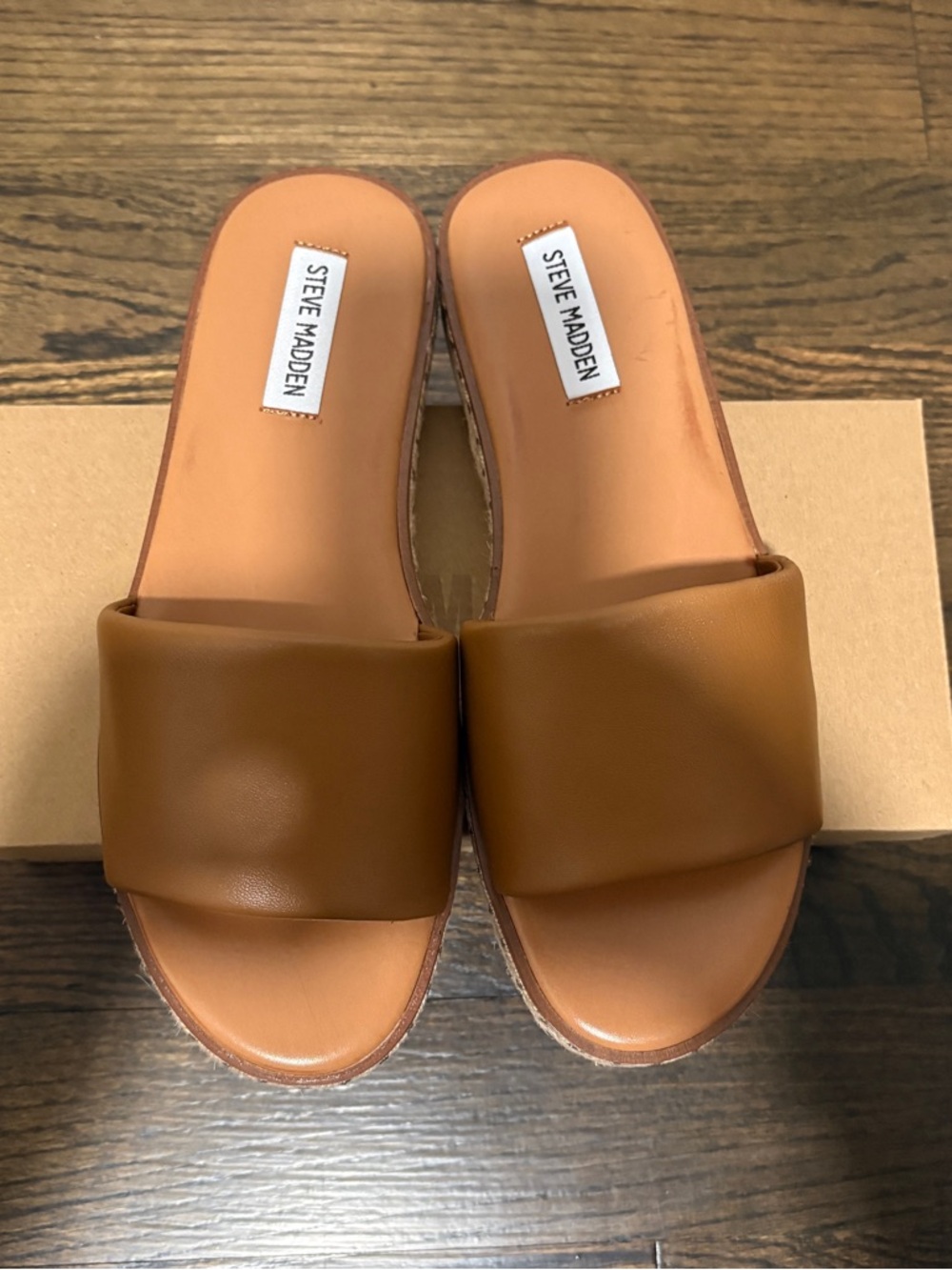 Steve Madden Tan Leather Espadrille Slide Sandals - Picture 4 of 8